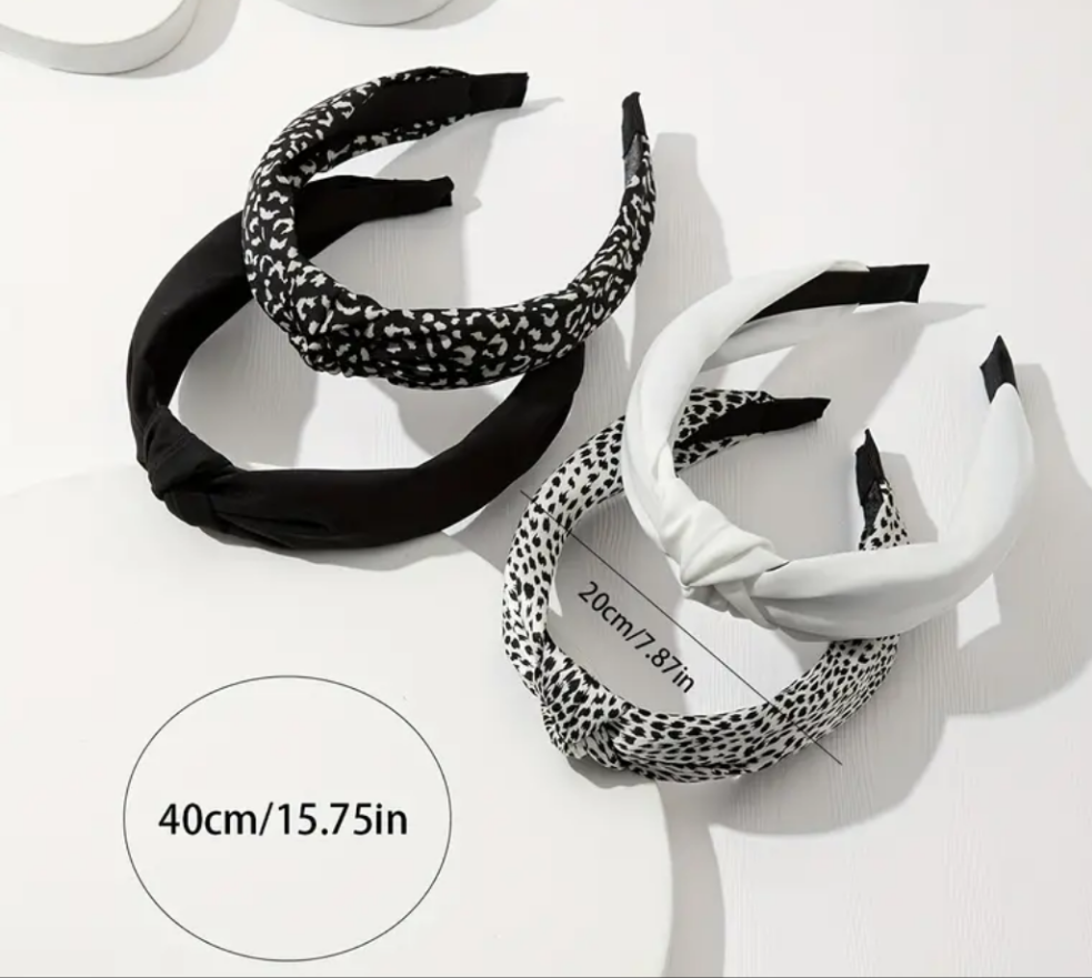 Leapoard Black/White wide knotted headbands in assorted patterns and sizes.