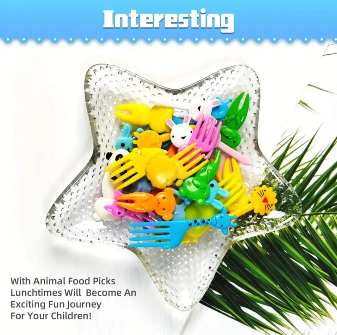 Pack of 10 kids bento pics with colorful mini cartoon animal fruit forks for parties and snacks