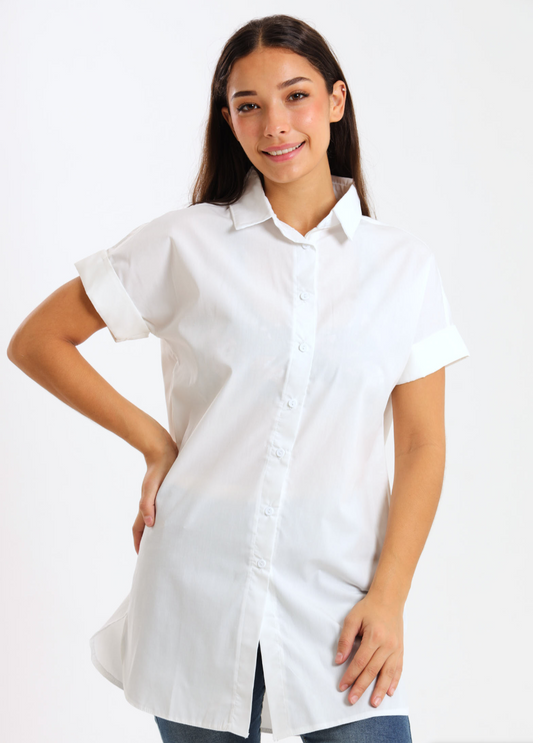 Ladies oversized poplin sleeve white shirt with rolled sleeves, relaxed fit, and crisp collar.