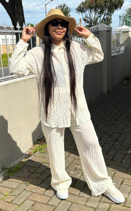 Drop Shoulder Shirt and Wide Leg Pants Set - Merch And Co 