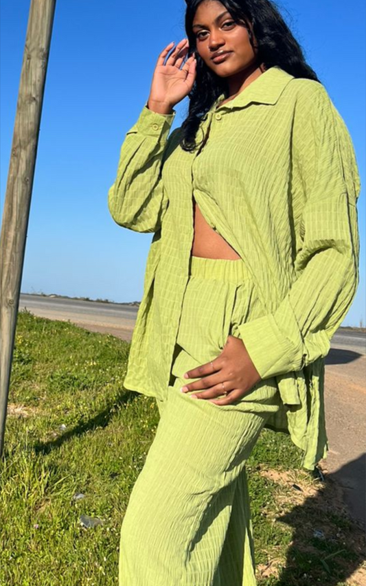 Drop Shoulder Shirt and Wide Leg Pants Set - Merch And Co 