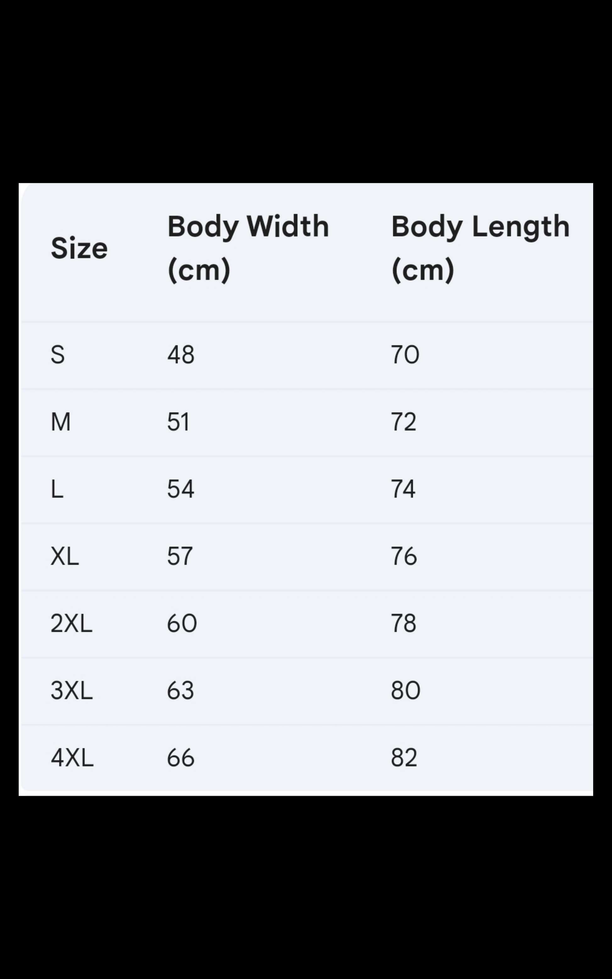 V-neck cotton T-shirts size chart showing measurements for S to 4XL.