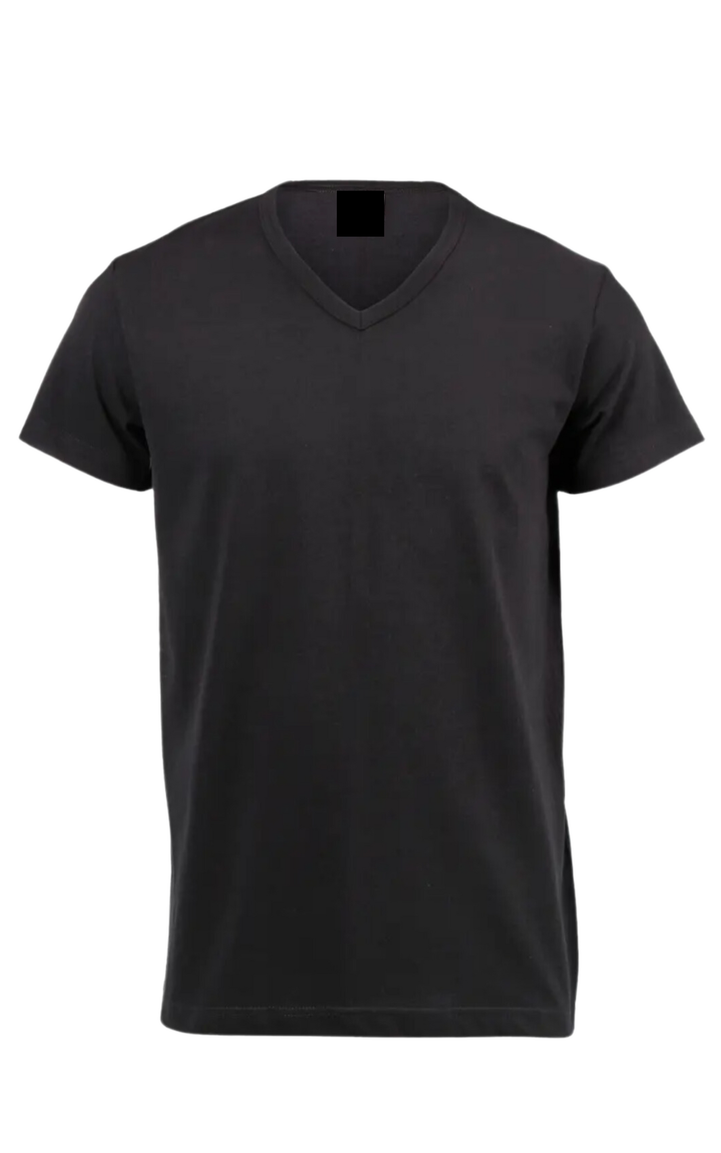 Unisex black V-neck cotton T-shirt, semi-fitted.