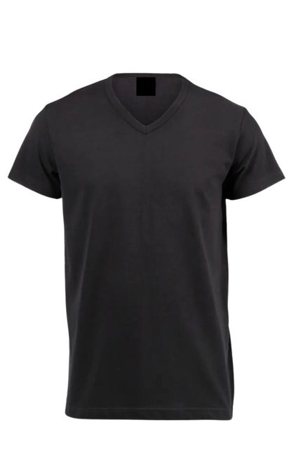 Unisex black V-neck cotton T-shirt, semi-fitted.