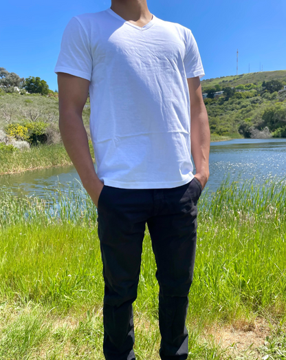 Unisex white V-neck cotton T-shirt, semi-fitted.