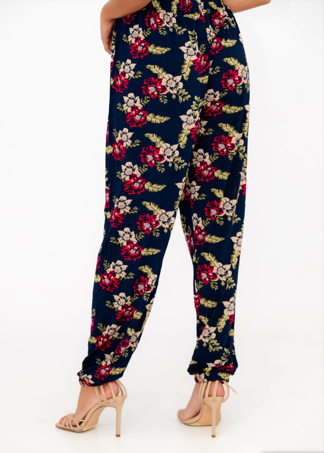 casual harem wide leg printed pants with floral pattern, elastic waistband, and gathered ankle cuffs