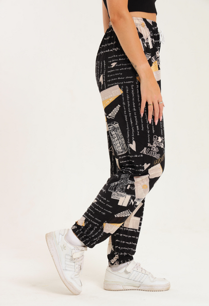Casual harem wide leg pants with printed design and elastic waistband.