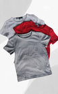 Boys 3 pack cotton t-shirts in red, grey melange, and light grey melange