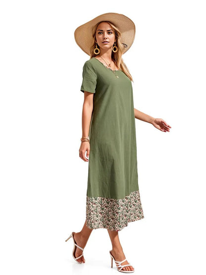Casual long floral binding dress with round neck and short sleeves in polyester fabric