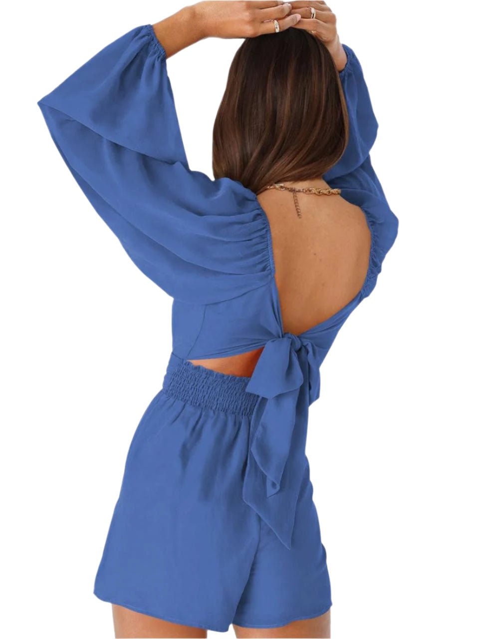 Blue smocked cut romper with adjustable tie-back and stylish cut-out detail, perfect for casual outings.